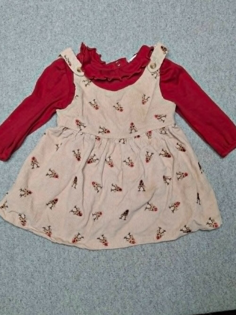 12M Baby Girl Christmas Reindeer Dress Set| Holiday Pinafore Long Sleeve